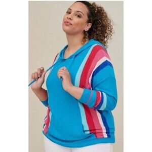 NWT Torrid Size 2 Blue Rainbow Striped Raglan Hoodie Pullover Summer 18/20 #Q8-2